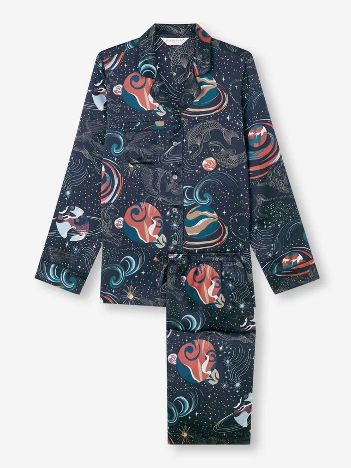 Long Pajamas Women Derek Rose Pajamas Brindisi 105 Silk Satin Navy