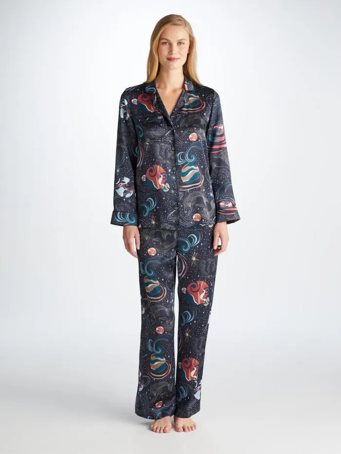 Long Pajamas Women Derek Rose Pajamas Brindisi 105 Silk Satin Navy