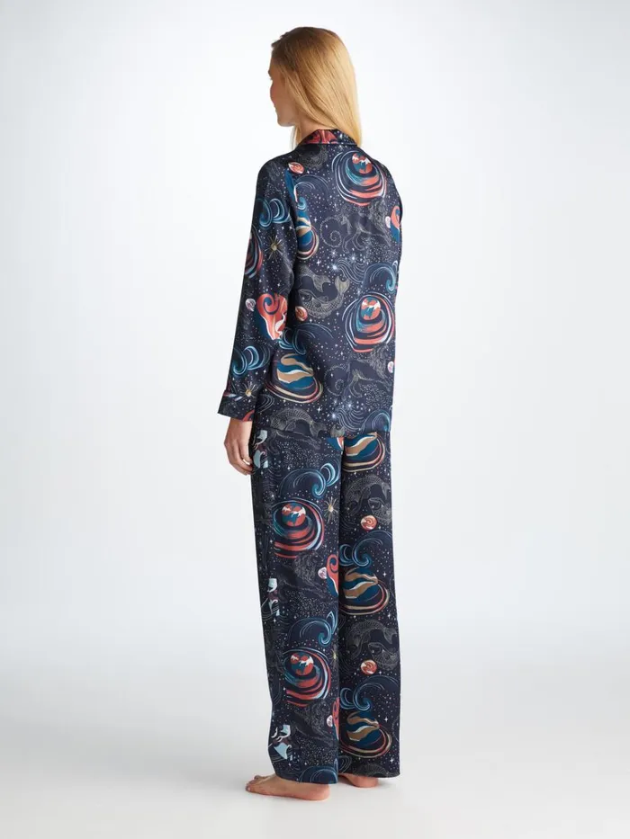 Long Pajamas Women Derek Rose Pajamas Brindisi 105 Silk Satin Navy