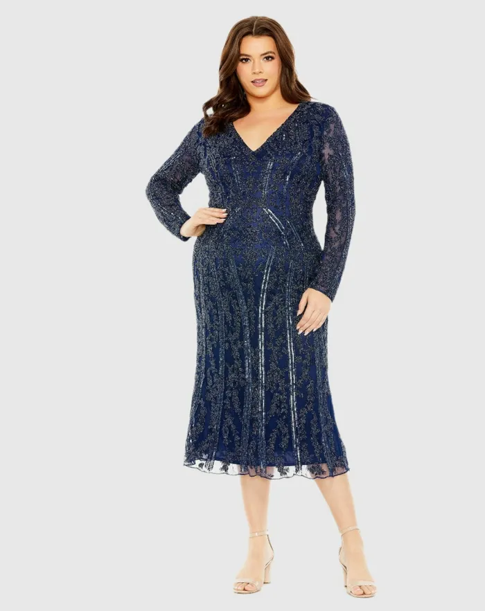 Long Sleeve Embellished Dress Midnight Women Plus Size Dresses Mac Duggal
