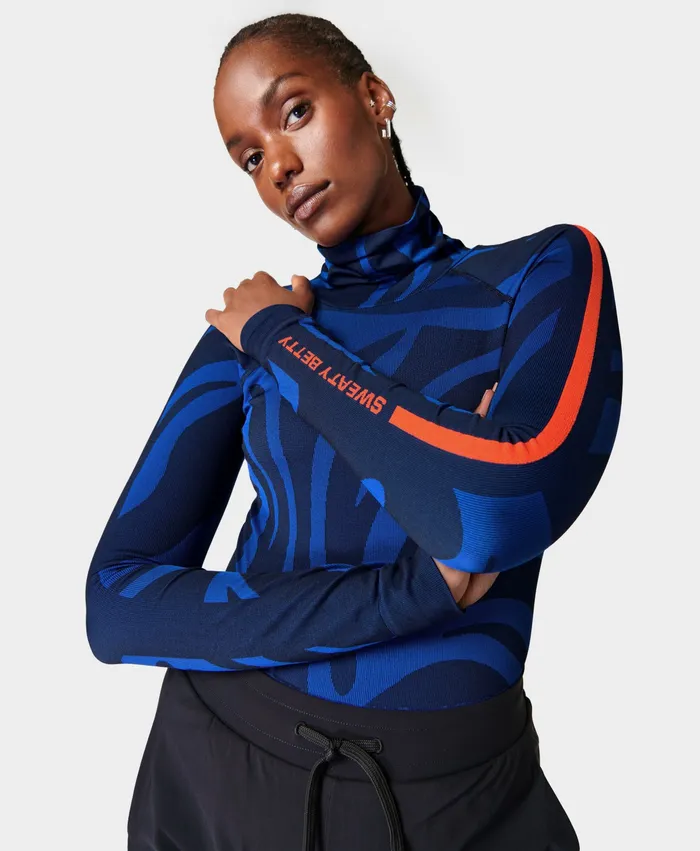 Long Sleeve Tops Sweaty Betty Women Animal Funnel Neck Base Layer Top Blue Animal Flow Jacquard