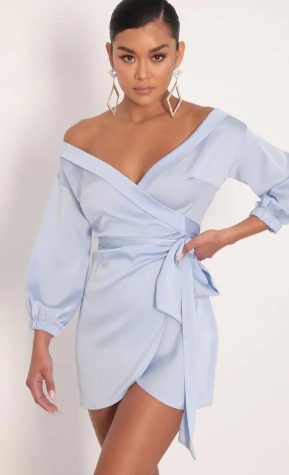 Lorella Off Shoulder Wrap Dress Dusty Blue Women LUCY IN THE SKY Mini Dresses