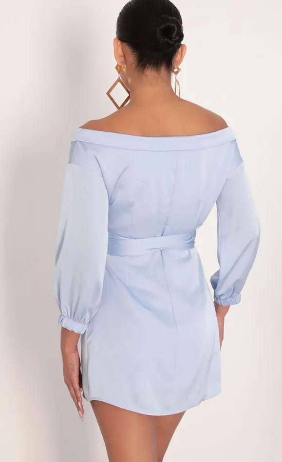 Lorella Off Shoulder Wrap Dress Dusty Blue Women LUCY IN THE SKY Mini Dresses Lorella Off Shoulder Wrap Dress Dusty Blue Women LUCY IN THE SKY Mini Dresses