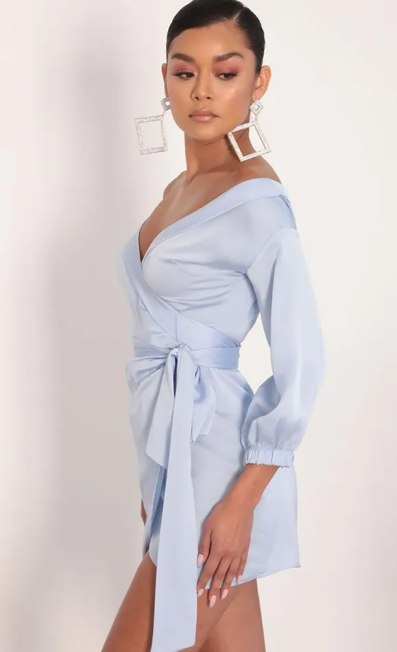 Lorella Off Shoulder Wrap Dress Dusty Blue Women LUCY IN THE SKY Mini Dresses Lorella Off Shoulder Wrap Dress Dusty Blue Women LUCY IN THE SKY Mini Dresses