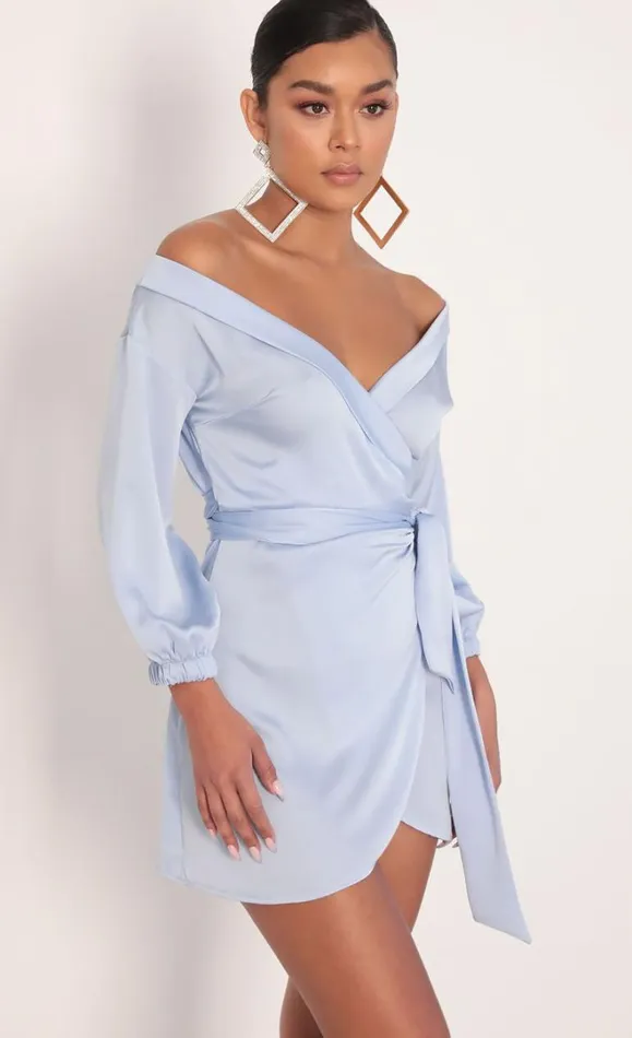 Lorella Off Shoulder Wrap Dress Dusty Blue Women LUCY IN THE SKY Mini Dresses Lorella Off Shoulder Wrap Dress Dusty Blue Women LUCY IN THE SKY Mini Dresses