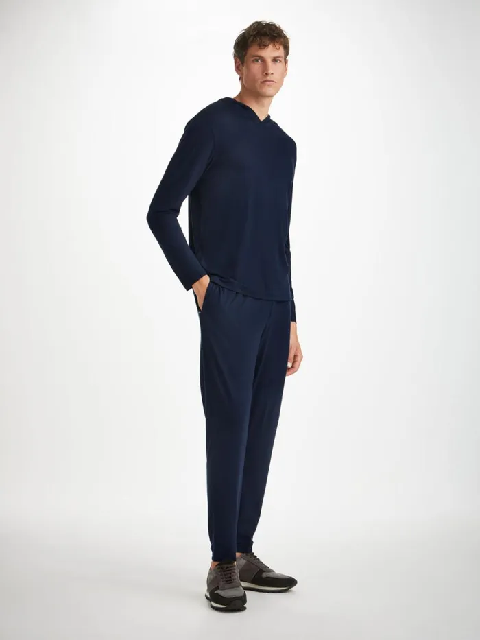 Lounge Pants Men Derek Rose Track Pants Basel Micro Modal Stretch Navy