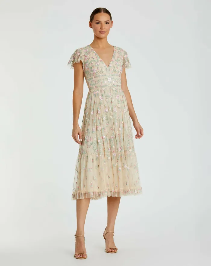 Mac Duggal Beige Multicolor Embroidered V Neck Cap Sleeve Midi Dress Nude Multi Women Cocktail Dresses Mac Duggal Beige Multicolor Embroidered V Neck Cap Sleeve Midi Dress Nude Multi Women Cocktail Dresses