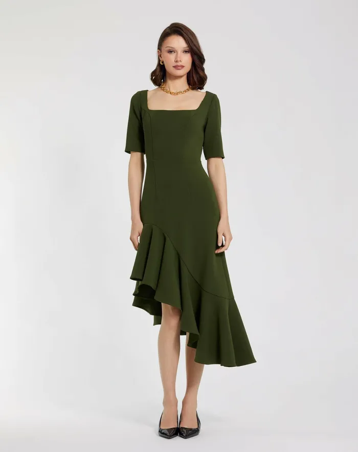 Mac Duggal Crepe 34 Sleeve Asymmetrical Hem Dress Dark Green Women Daytime Dresses
