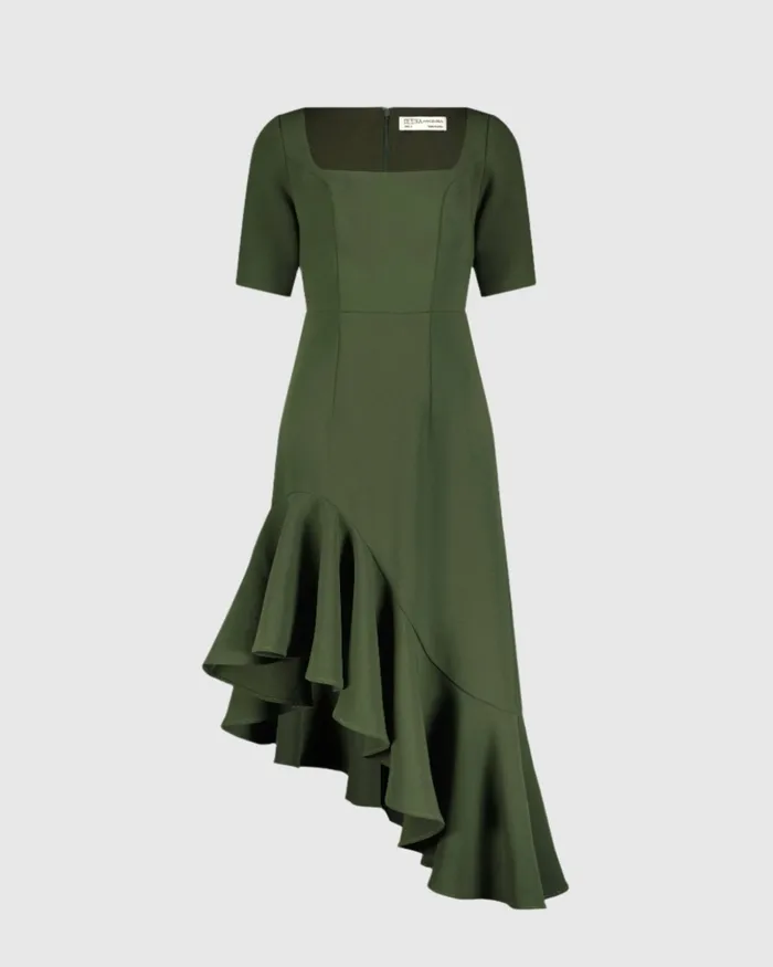 Mac Duggal Crepe 34 Sleeve Asymmetrical Hem Dress Dark Green Women Daytime Dresses Mac Duggal Crepe 34 Sleeve Asymmetrical Hem Dress Dark Green Women Daytime Dresses