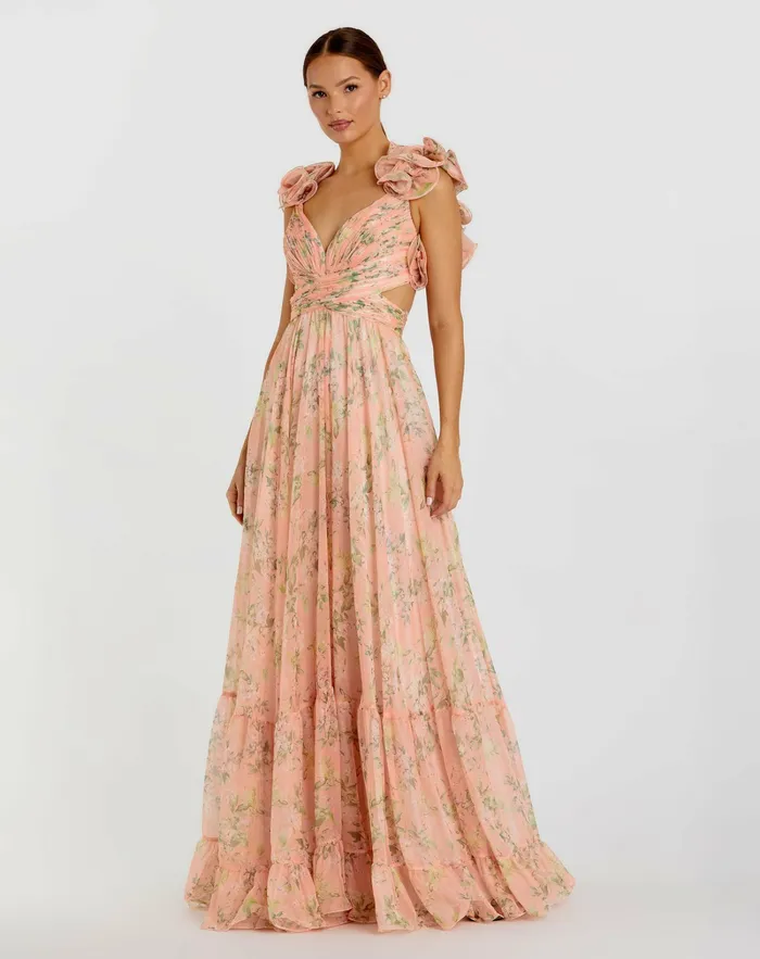 Mac Duggal Evening Gowns Women Pink Ruffle Tiered Floral CutOut Chiffon Gown Pink Multi