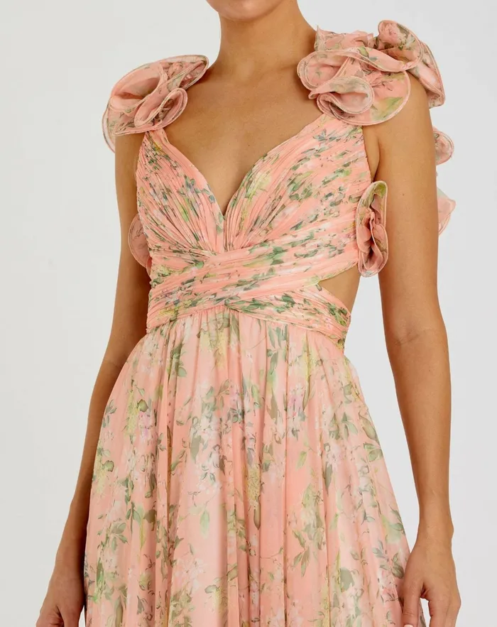 Mac Duggal Evening Gowns Women Pink Ruffle Tiered Floral CutOut Chiffon Gown Pink Multi