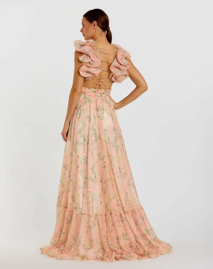 Mac Duggal Evening Gowns Women Pink Ruffle Tiered Floral CutOut Chiffon Gown Pink Multi