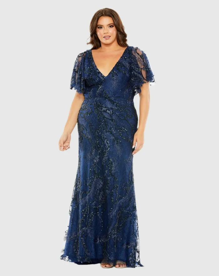 Mac Duggal Evening Gowns Women V Neck Flutter Sleeve Embellished Gown Plus Midnight