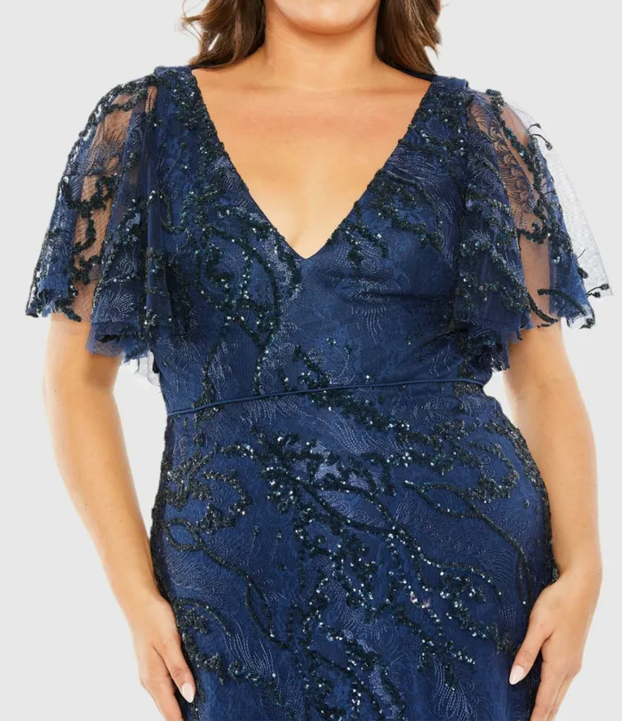Mac Duggal Evening Gowns Women V Neck Flutter Sleeve Embellished Gown Plus Midnight Mac Duggal Evening Gowns Women V Neck Flutter Sleeve Embellished Gown Plus Midnight