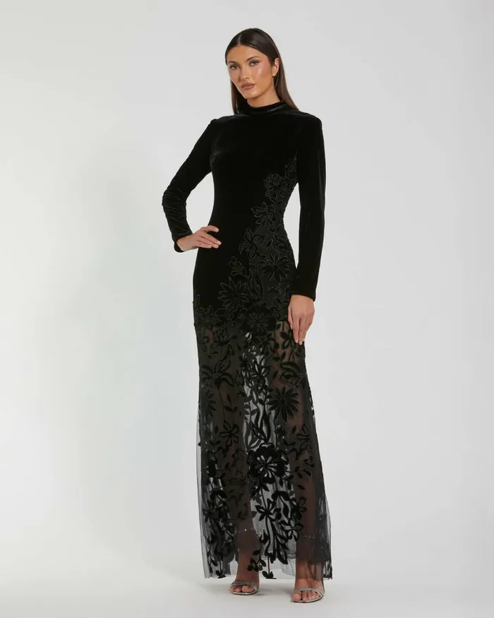 Mac Duggal Long Sleeve Sheer Floral Embroidered Velvet Gown Black Women Best Sellers