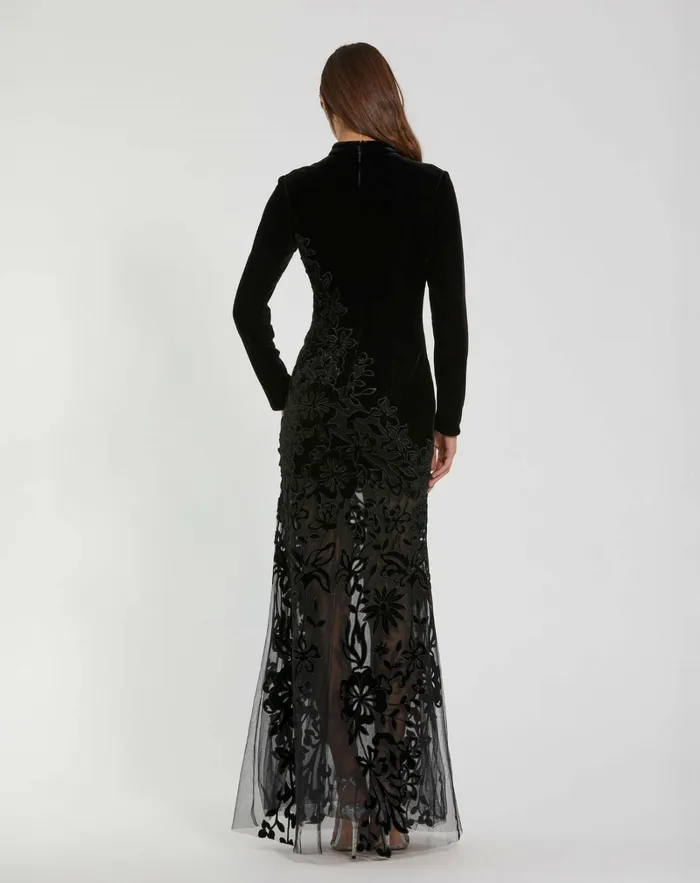 Mac Duggal Long Sleeve Sheer Floral Embroidered Velvet Gown Black Women Best Sellers
