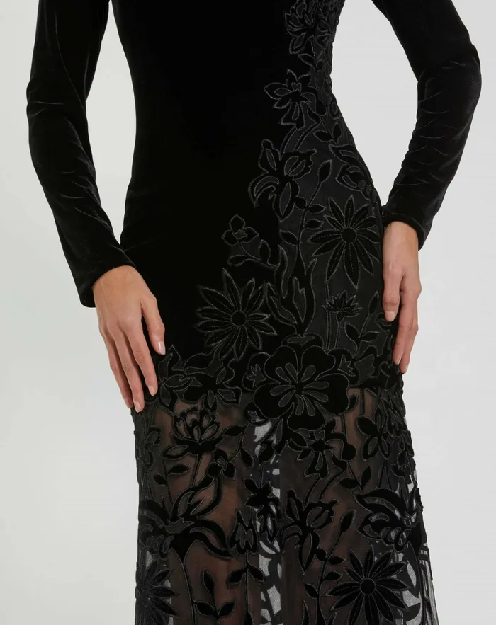 Mac Duggal Long Sleeve Sheer Floral Embroidered Velvet Gown Black Women Best Sellers