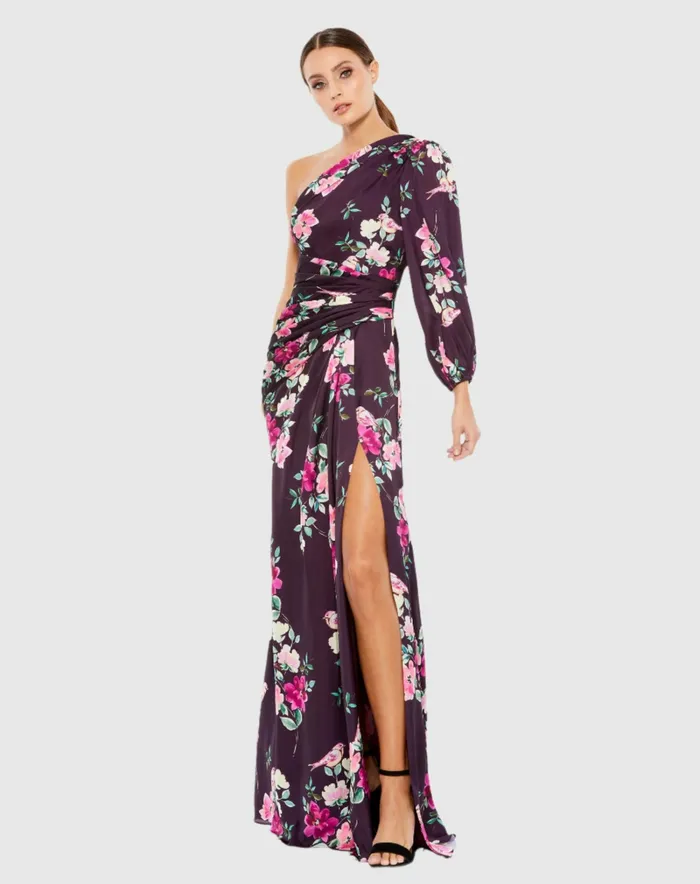 Mac Duggal Plum Floral Print One Sleeve Gown Plum Floral Women Daytime Dresses