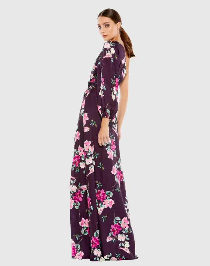 Mac Duggal Plum Floral Print One Sleeve Gown Plum Floral Women Daytime Dresses