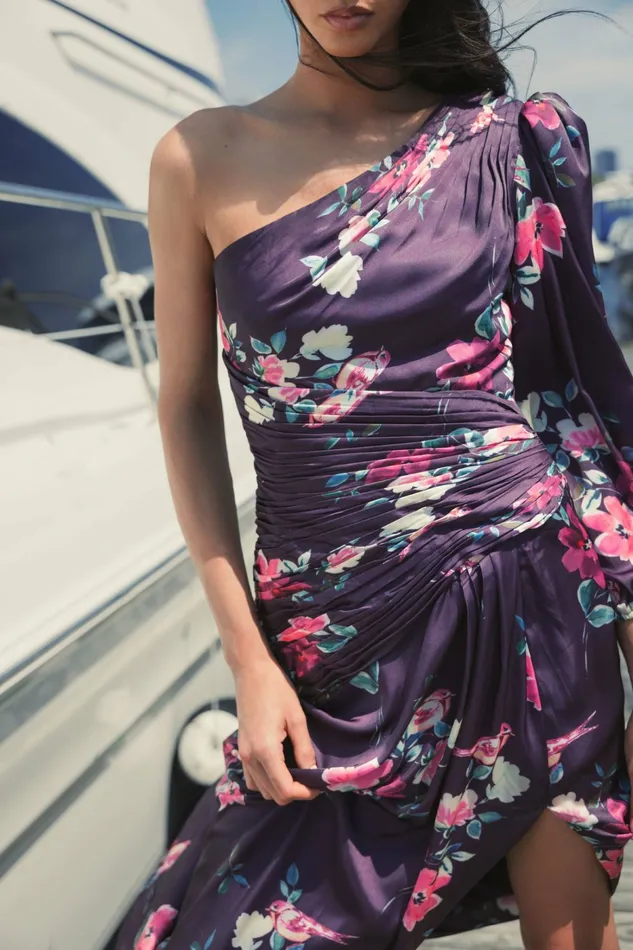Mac Duggal Plum Floral Print One Sleeve Gown Plum Floral Women Daytime Dresses
