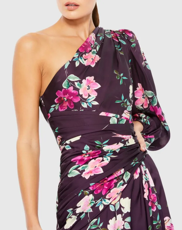 Mac Duggal Plum Floral Print One Sleeve Gown Plum Floral Women Daytime Dresses