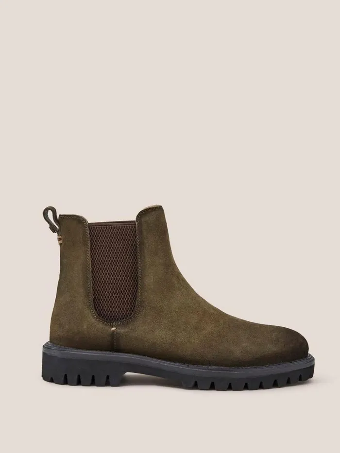 Men BOOTS White Stuff Chunky Suede Chelsea Boot Khaki Green