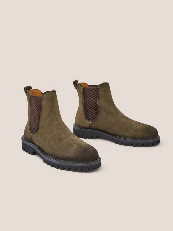 Men BOOTS White Stuff Chunky Suede Chelsea Boot Khaki Green Men BOOTS White Stuff Chunky Suede Chelsea Boot Khaki Green