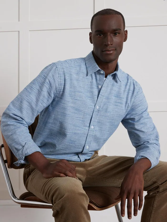 Men Clothing Cyrillus Regular Fit Window Pane Check Shirt Bleu Froid