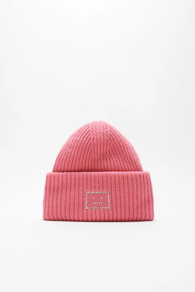 Men Embellished Face Logo Beanie Tango Pink Acne Studios Face Collection