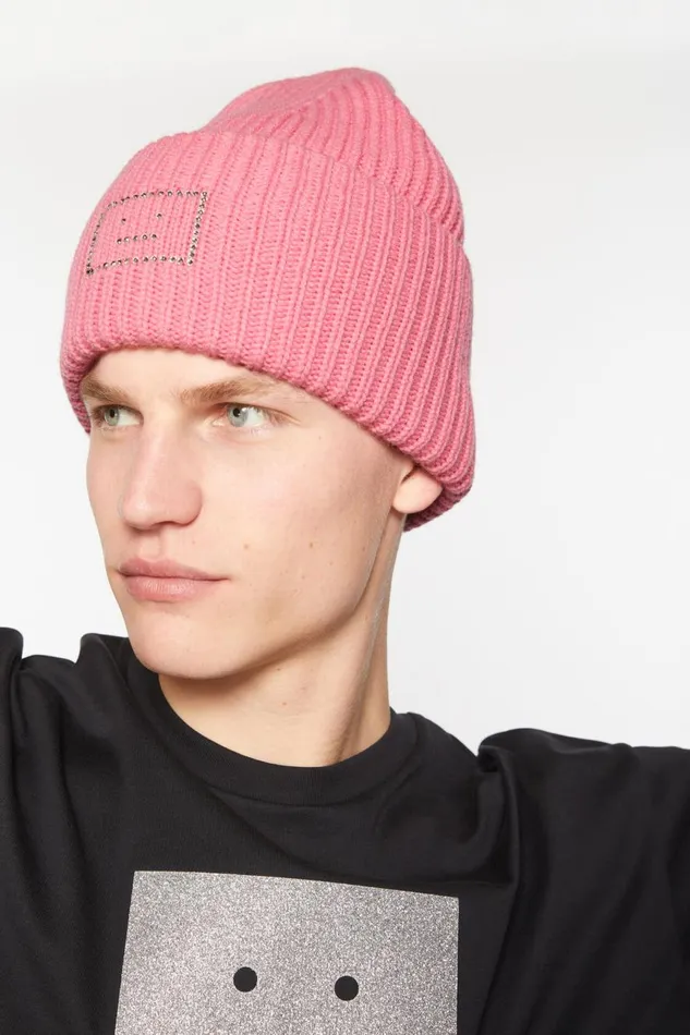 Men Embellished Face Logo Beanie Tango Pink Acne Studios Face Collection