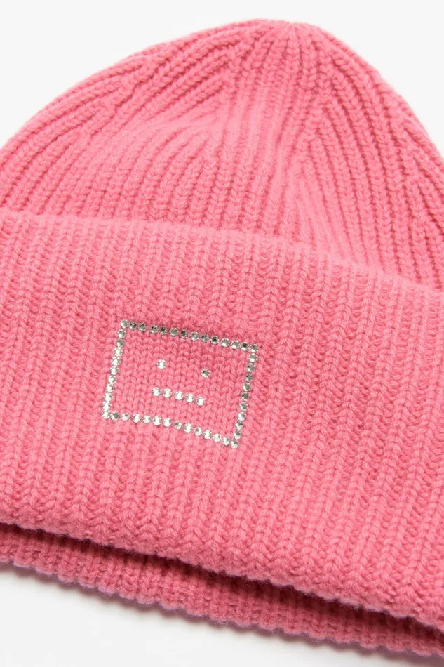 Men Embellished Face Logo Beanie Tango Pink Acne Studios Face Collection