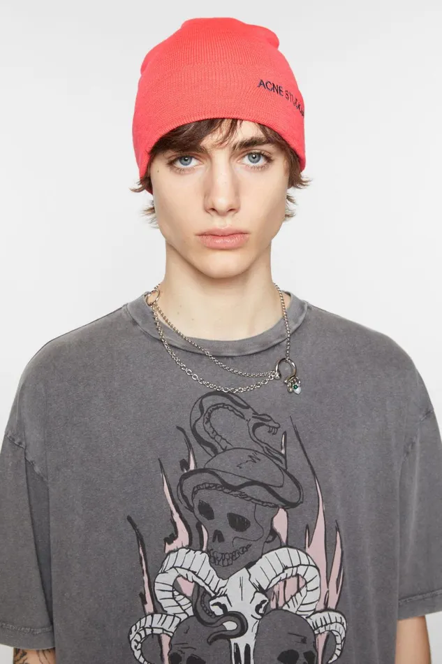 Men Embroidered Logo Beanie Fluo Pink Acne Studios Hats
