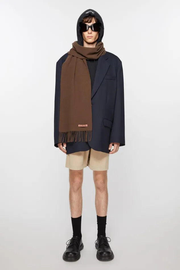 Men Fringe Wool Scarf 8211 Skinny Chocolate Brown Acne Studios Scarves