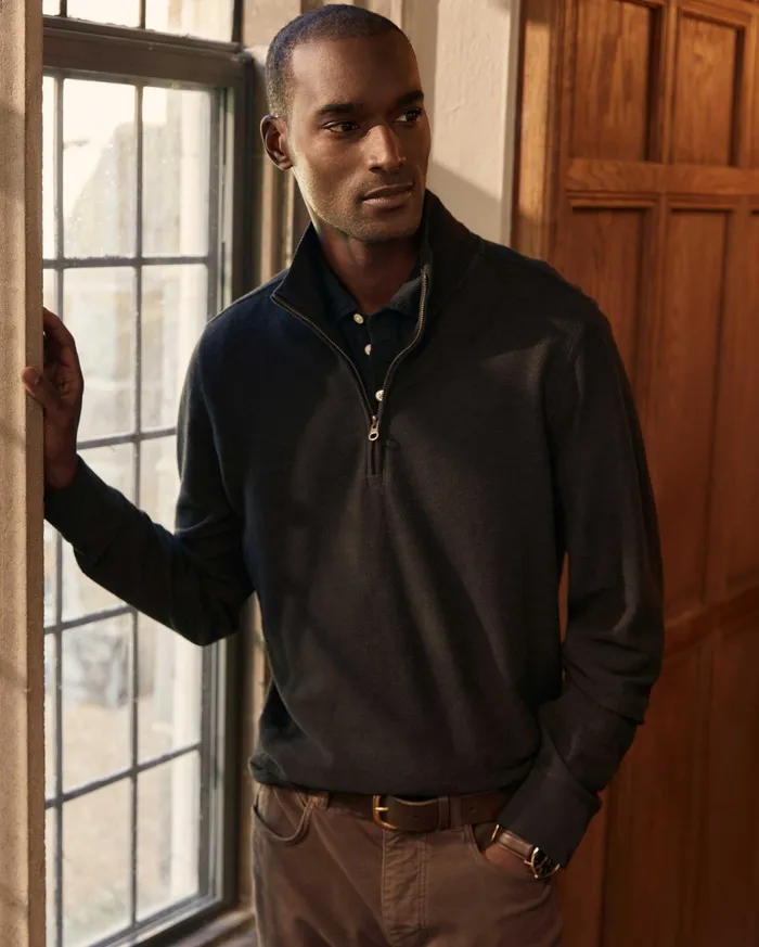 Men Herringbone Half Zip Black Billy Reid Sweaters and Sweatshirts