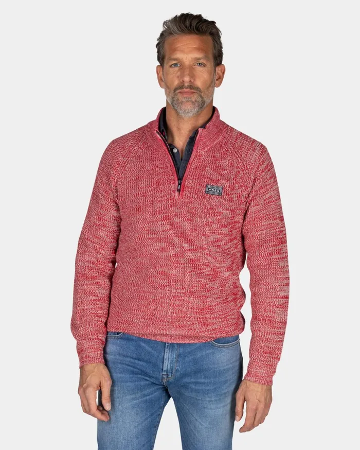Men Knitwear NZA New Zealand Auckland Gray Cotton Sweater With HalfZip 8211 Reef Red