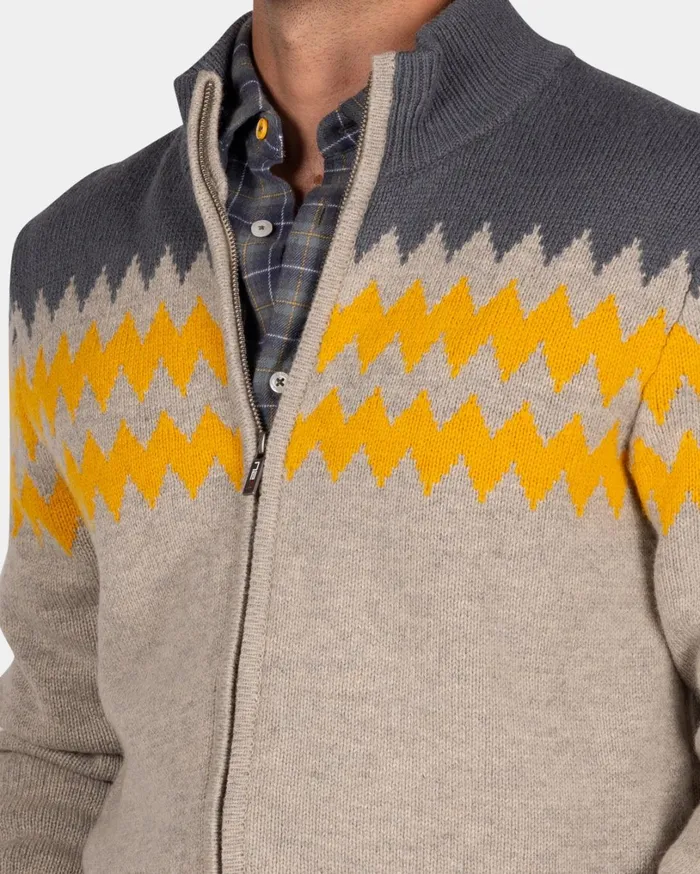 Men Knitwear NZA New Zealand Auckland Gray Wool Cardigan With Yellow Pattern 8211 Chestnut