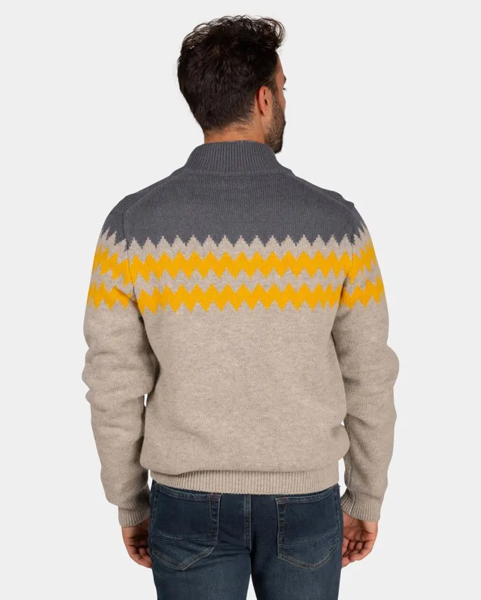 Men Knitwear NZA New Zealand Auckland Gray Wool Cardigan With Yellow Pattern 8211 Chestnut