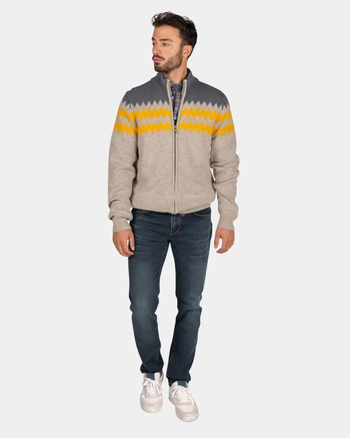Men Knitwear NZA New Zealand Auckland Gray Wool Cardigan With Yellow Pattern 8211 Chestnut