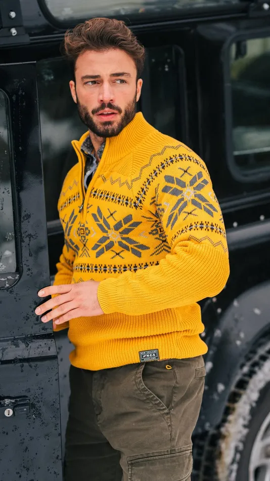 Men Knitwear NZA New Zealand Auckland Ochre Yellow HalfZip Pullover With Colored Pattern 8211 Warm Ocre