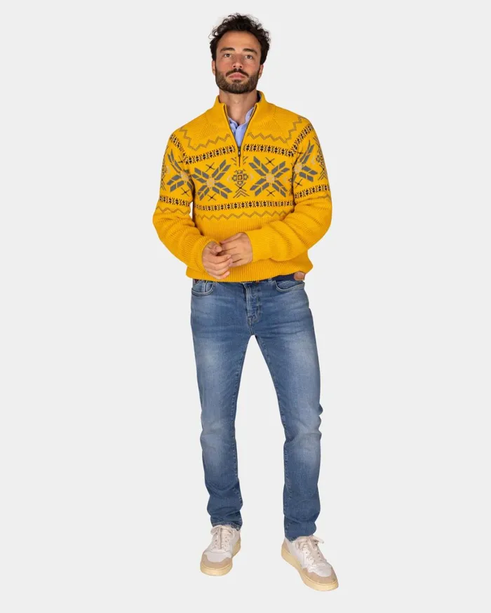 Men Knitwear NZA New Zealand Auckland Ochre Yellow HalfZip Pullover With Colored Pattern 8211 Warm Ocre