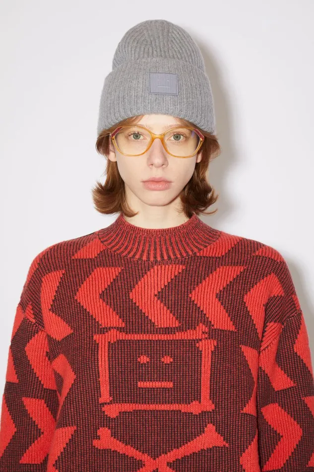 Men Large Face Logo Beanie Grey Melange Acne Studios Hats