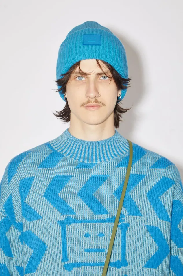 Men Large Face Logo Beanie Sapphire Blue Acne Studios Hats