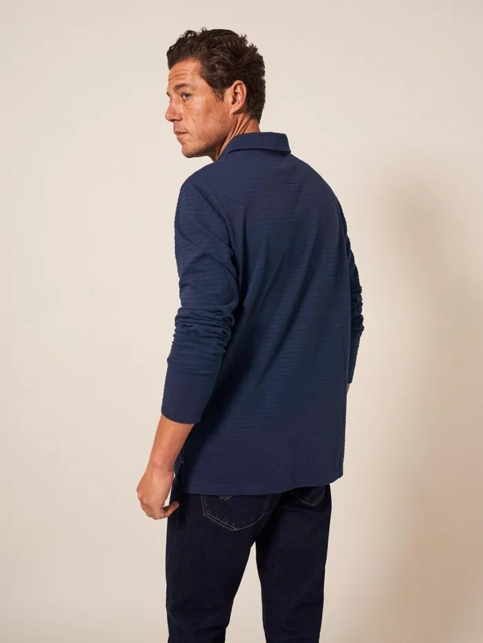 Men POLO SHIRTS White Stuff Pique Texture Stripe LS Polo Dark Navy Men POLO SHIRTS White Stuff Pique Texture Stripe LS Polo Dark Navy