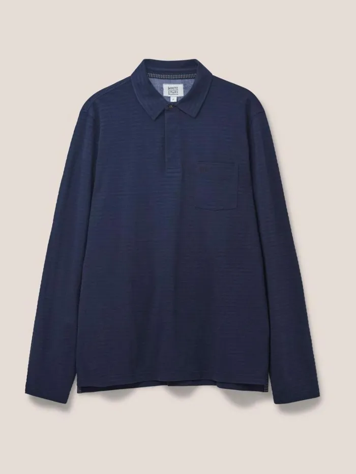 Men POLO SHIRTS White Stuff Pique Texture Stripe LS Polo Dark Navy Men POLO SHIRTS White Stuff Pique Texture Stripe LS Polo Dark Navy