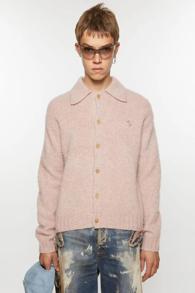 Men Polo Wool Cardigan Pink Melange Acne Studios Knitwear