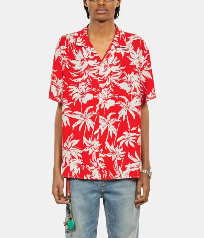 Men Shirts THE KOOPLES Red Palm Tree Print Short Sleeve Shirt Men Shirts THE KOOPLES Red Palm Tree Print Short Sleeve Shirt