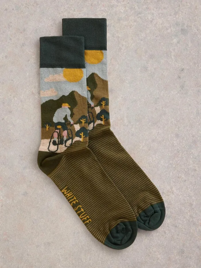 Men SOCKS White Stuff Cycling Scene Ankle Sock Green Multi