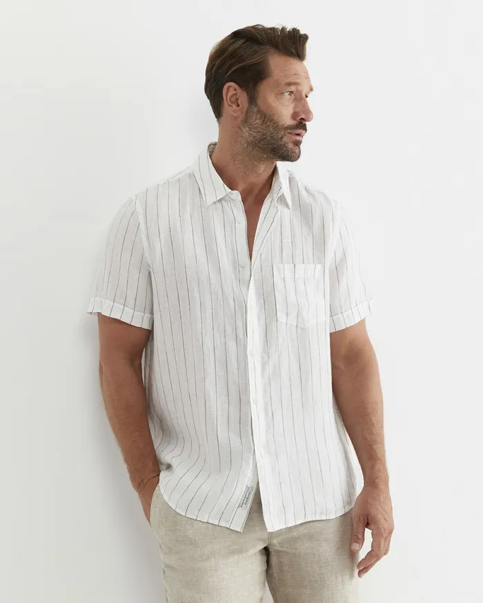Men Sportscraft Shirts Alan Short Sleeve Linen Shirt Whitemulti