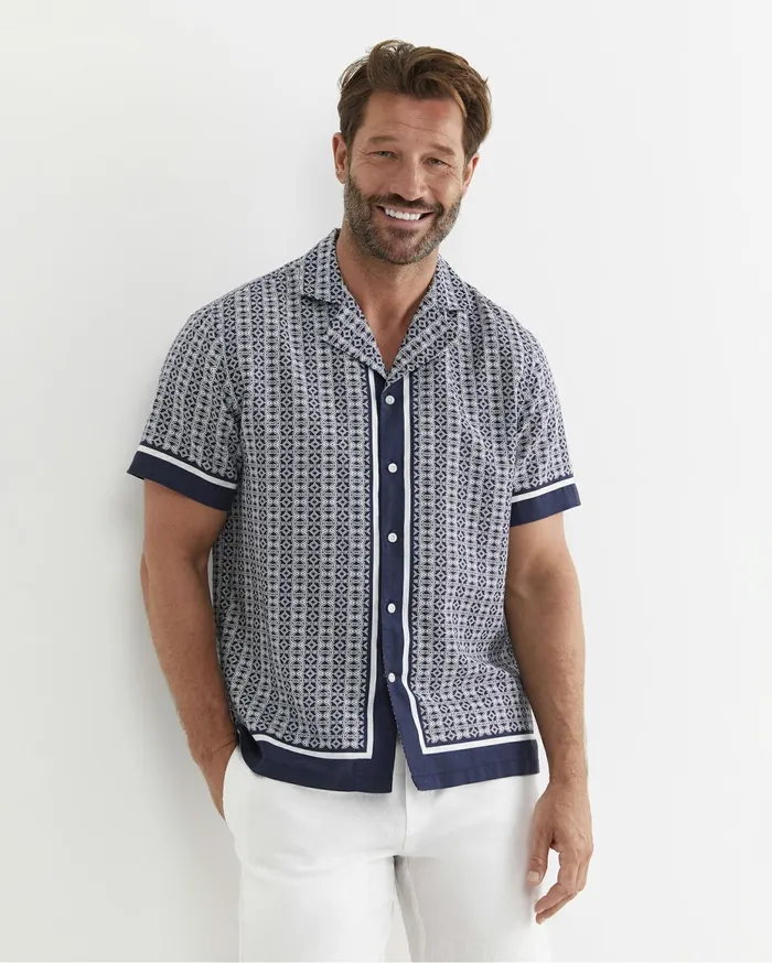 Men Sportscraft Shirts Paddington Short Sleeve Linen Blend Shirt Navy