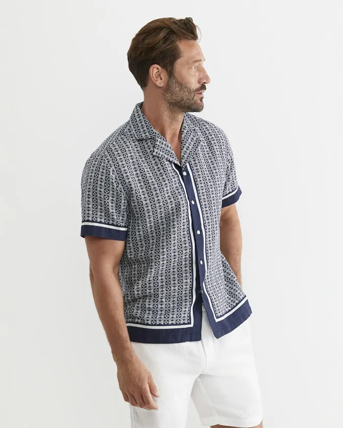 Men Sportscraft Shirts Paddington Short Sleeve Linen Blend Shirt Navy